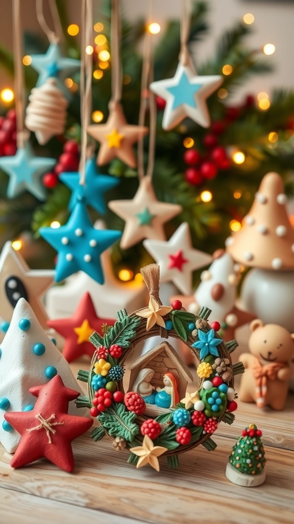 Handmade air dry clay Christmas ornaments, a nativity scene, and a wreath on a festive table.